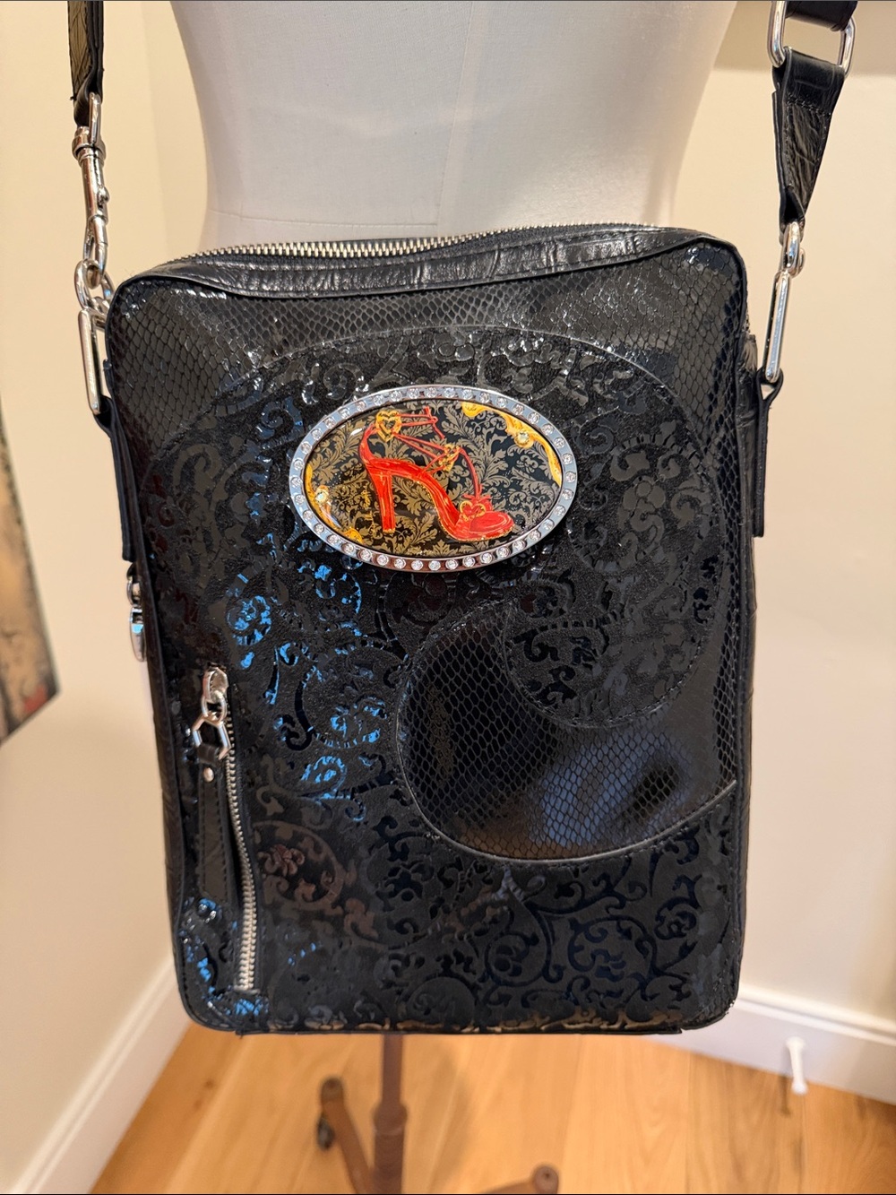 Debbie Brooks Black Embossed Crossbody Bag w/ Red Shoe Crystal Accented Plaque